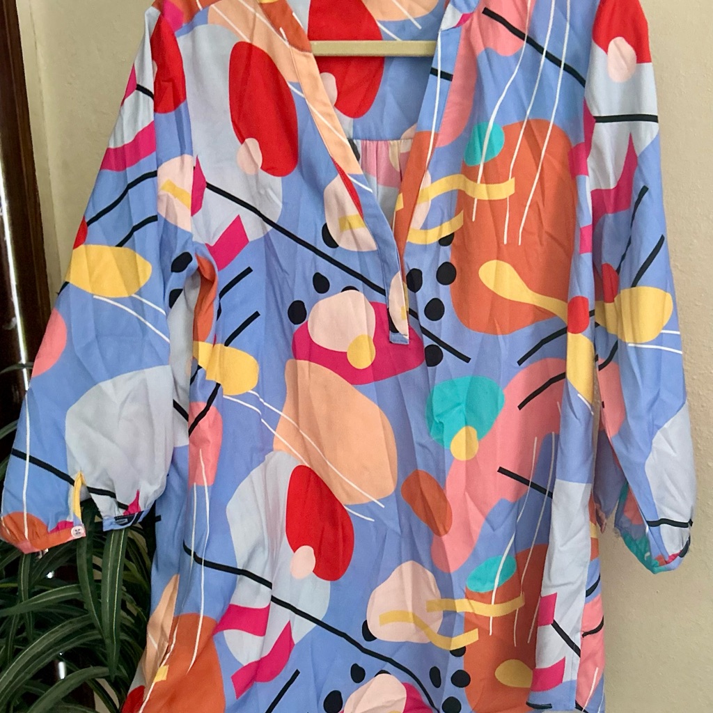 Crosby Pink And Blue Graphic Blouse With 3/4 Sleeves